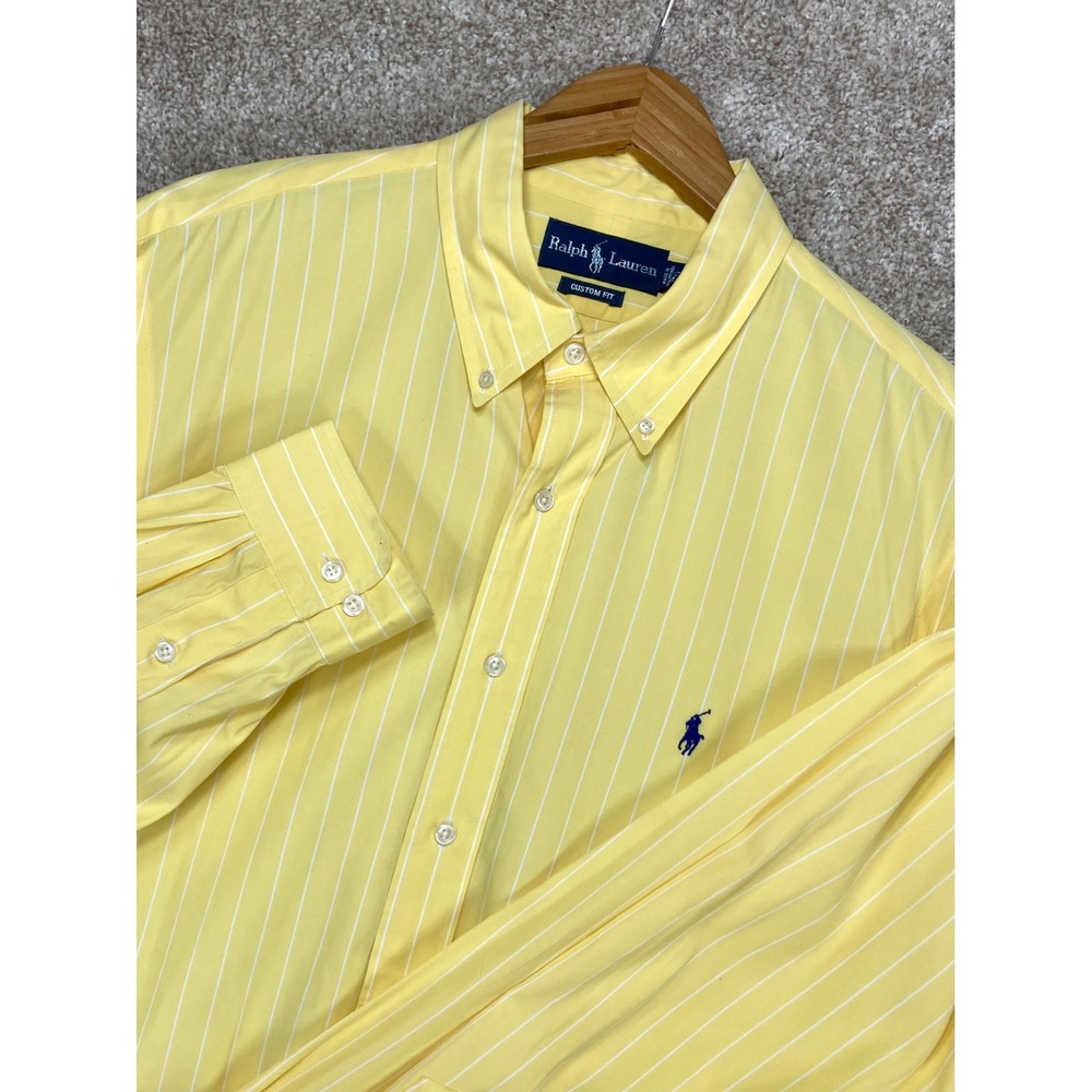 Ralph Lauren Striped Custom Fit Button Down Shirt Mens 17.5 Yellow Long Sleeve